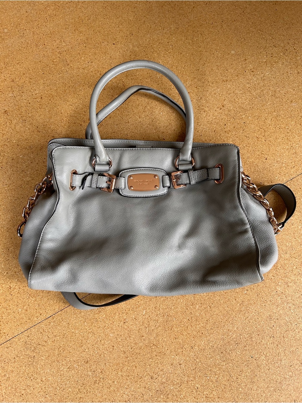 Michael Kors Light Gray Leather Satchel with Chain Accents